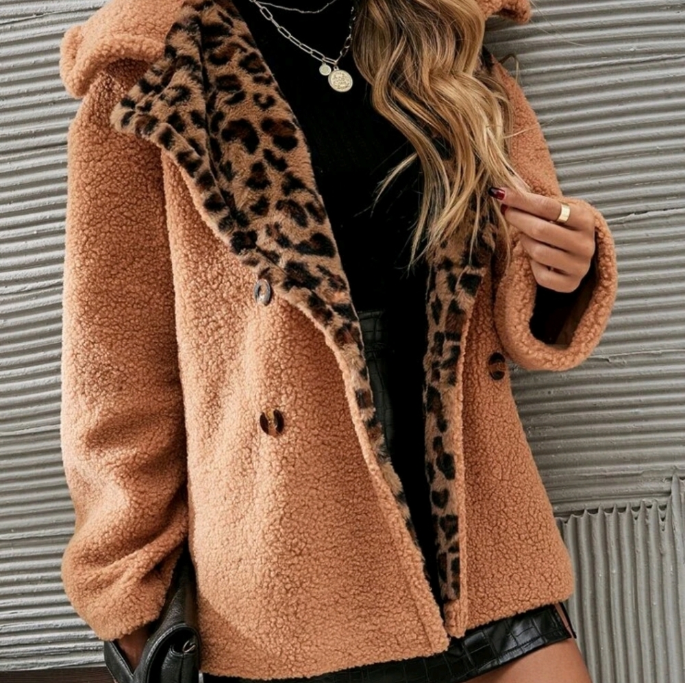 Leopard Print Double Button Teddy Coat - Picture 3 of 7